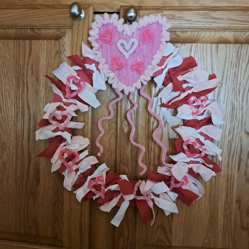 Pink, Red, White Valentine Rag Wreath. Plus A Free Gift